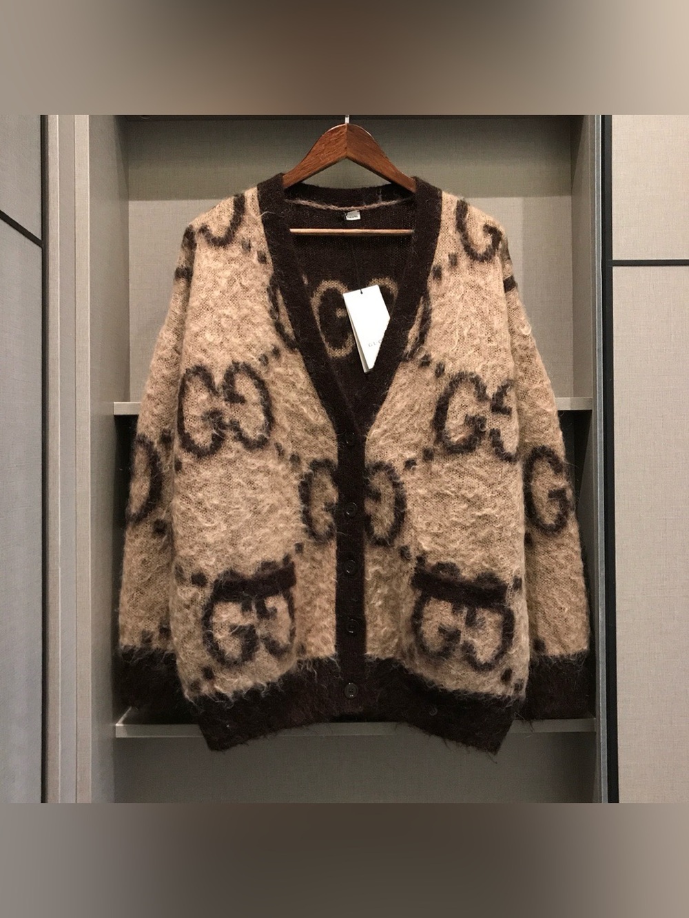 Gucci Beige GG Monogram Mohair Blend V‑Neck Knit Cardigan